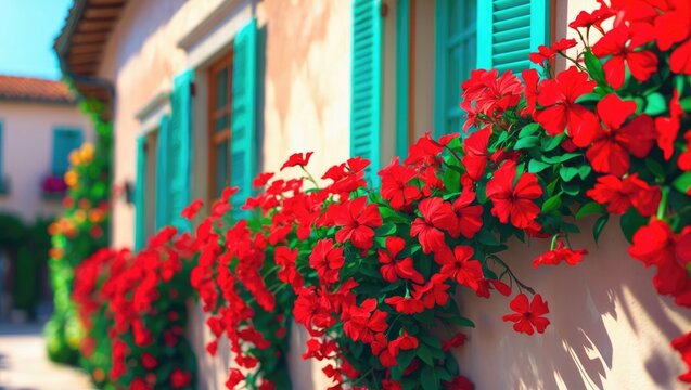 Geranium red flowers. Close-up of hanging geranium blooms. Ivy geranium blossoms. Pelargonium peltatum flowers. Cultivating hanging geranium on a house wall.