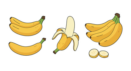Variety of banana illustrations featuring whole, peeled, and sliced bananas for food design projects vector illustration