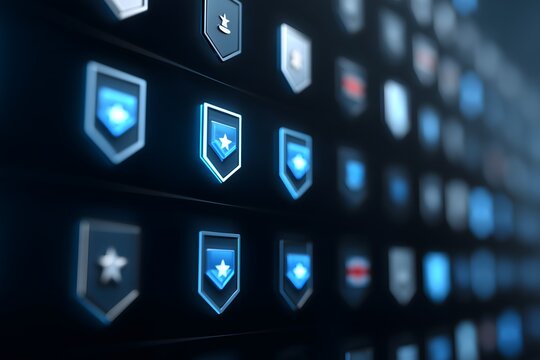 Reskill concept: Online skill badge display, futuristic digital achievement board.