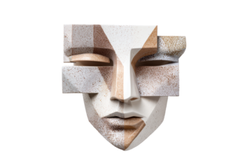 A unique abstract mask featuring geometric shapes and neutral tones