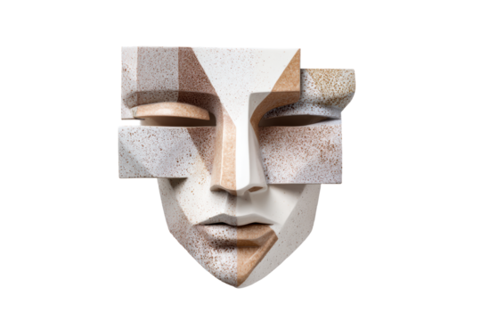 A unique abstract mask featuring geometric shapes and neutral tones