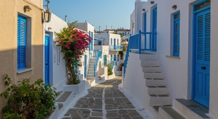 Charming narrow street in a Mediterranean village, lined with whitewashed buildings and vibrant flowers, showcasing a peaceful atmosphere