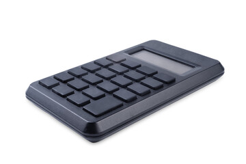 Black calculator with buttons on a white isolated background