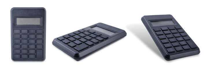 Black calculator with buttons on a white isolated background