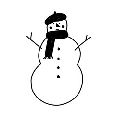 Hand drawn snowman in cute doodle style, vector illustration isolated on white background. Cartoon outline snowman with hat and scarf.