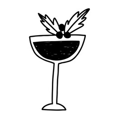 Elegant winter cocktail in hand drawn doodle style, vector illustration isolated on white background. Christmas drink outline drawing.