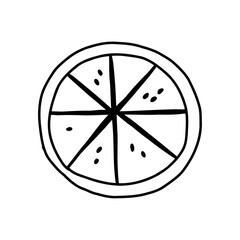 Orange slice in cute doodle style, vector illustration isolated on white background. Citrus fruit hand drawn outline drawing.