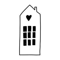 Minimalist house outline, hand drawn doodle vector illustration isolated on white background. Simple building cartoon drawing.