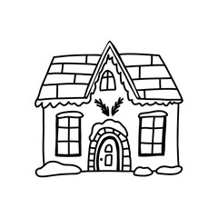 WInter house outline doodle, vector illustration isolated on white background. Cute hand drawn house with snow and Christmas decoration.