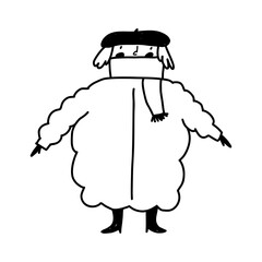 Girl wearing funny big winter coat, cartoon doodle vector illustration isolated on white background. Hand drawn character outline drawing.