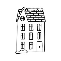Hand drawn residential building cartoon doodle vector illustration isolated on white background. Winter house with snow in outline style.