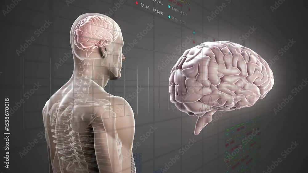 Poster camera panning around clear 3d model revealing rotating brain and updating data charts