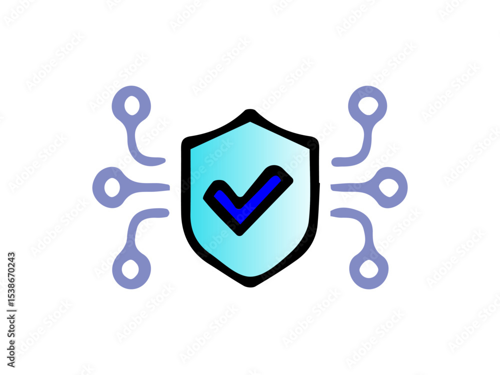 Poster the image shows a digital security-themed icon. at the center is a shield colored in a gradient blue