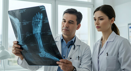 Doctors examining xray medical scan healthcare professionals teamwork diagnosis radiology hospital clinic patient leg bone injury treatment medicine health