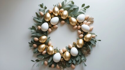 Flat Lay of Golden Eggs ring circle on white background. Concept or background. Still life with pastel tones.