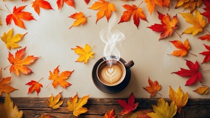 Flat lay composition featuring a cup of hot drink and autumn leaves on the table, providing space for text and creating a cozy atmosphere