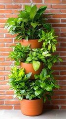 Naklejka premium Stacked terracotta planters, brick wall backdrop, indoor gardening