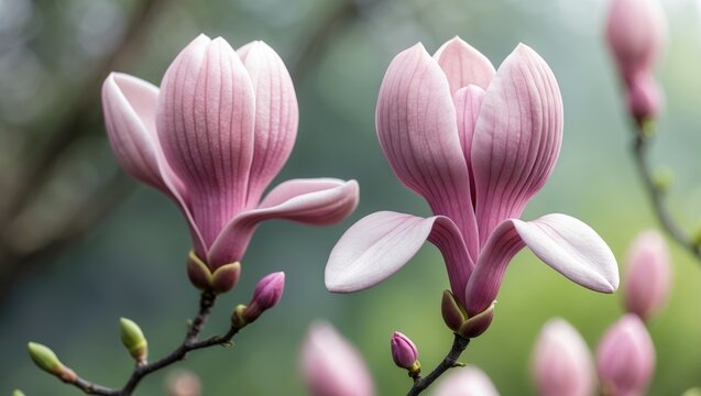 Magnolia pink flowers on a blooming magnolia tree background featuring tulips and other flowers. - Powered by Adobe