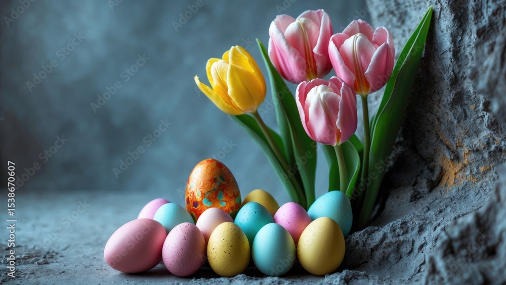 Poster easter eggs and stunning tulips arranged on a grey table, flat lay setting. space for text
