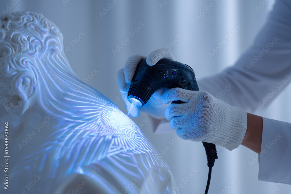 Poster handheld 3d scanning device being operated by an engineer scanning a sculpture. blue light pattern p