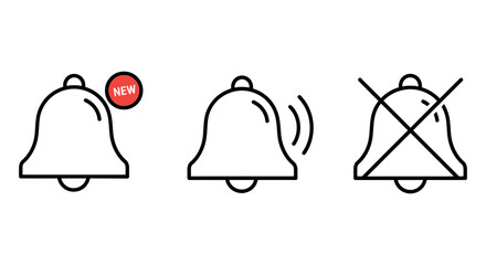 Notification bell icons indicating new alerts, active notifications, and mute options vector illustration