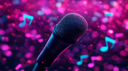 Close-up of a microphone against a vibrant, out-of-focus background of pink and purple. Musical notes float around the mic