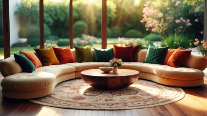 Defocused Background of Cozy and Modern Living Room Interior Design with Large Windows Overlooking Nature in a Tranquil Setting. Blurred Background Image.