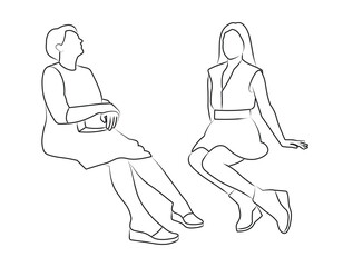 Woman and girl sitting waiting for their turn, relax, relaxation, sketch of female poses