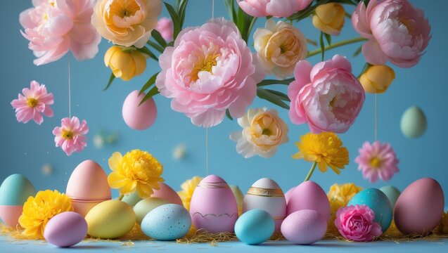 Easter eggs and stunning spring flowers floating on pastel blue background. Area designated for text - Powered by Adobe