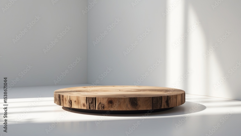 Poster Eco rustic pine tree wood disc platform on white light and shadow background, showcasing minimal empty display for product presentation.