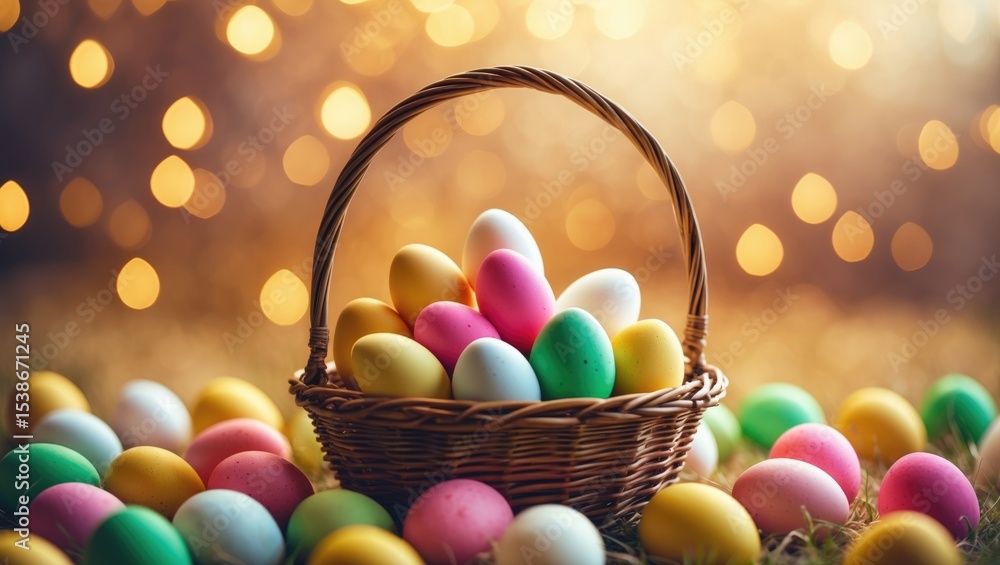 Poster Easter eggs in the nest placed on a rustic wooden background with a bokeh backdrop in the foreground.
