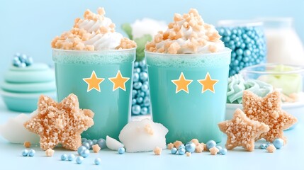 Teal dessert cups, star rating, pastel background, baby shower