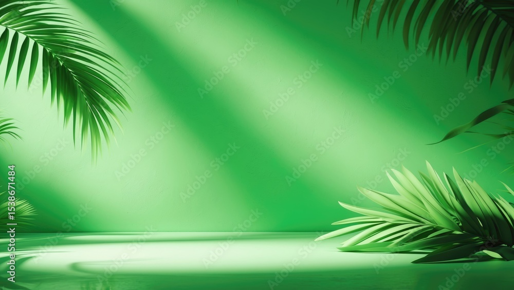 Poster empty green color with leaf plant shadow on wall studio background, suitable for presentation of foo