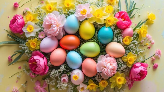 Easter eggs and stunning spring flowers soaring over a beige background