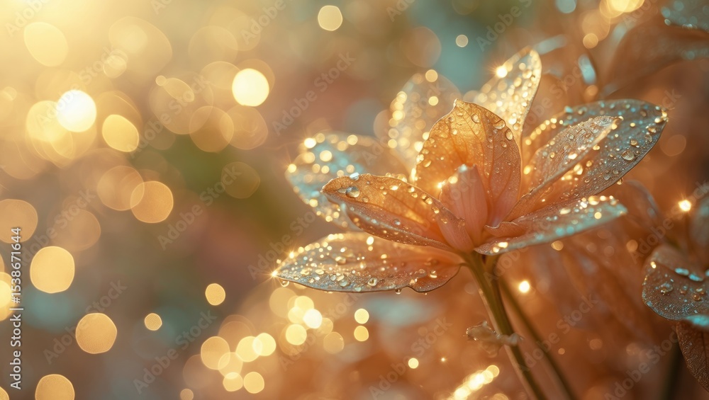 Poster blurred background of a close-up of delicate petals adorned with sparkling water droplets against a 