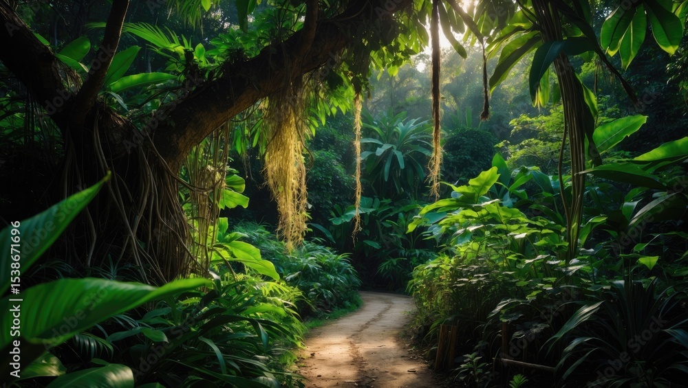 Poster a tranquil forest path dotted with scattered leaves, with hanging vines and abundant greenery. sunli
