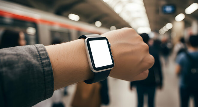 Smartwatch Mockup Modern Technology Gadget Wearable Device Blank Screen Subway Station Commuter Lifestyle Urban Travel