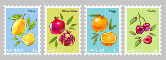 Colorful fruit stickers with lemon, orange, pomegranate, cherries and leaves. Postage stamps with fruits. Whole and sliced ​​fruits on colored backgrounds. Set of hand drawn vector. Cartoon.