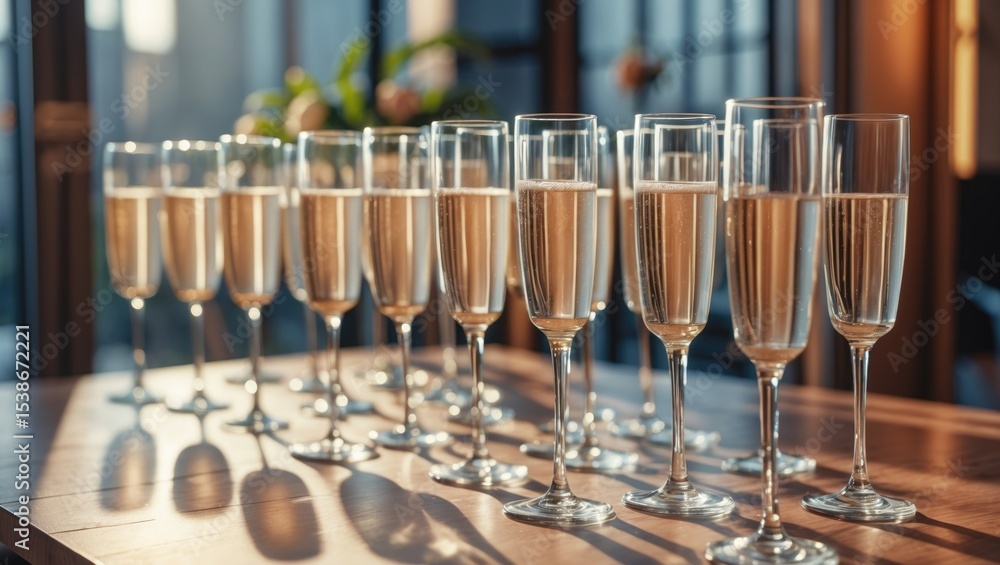 Aufkleber elegant collection of empty crystal wine glasses arranged for a celebration or event in a brightly l