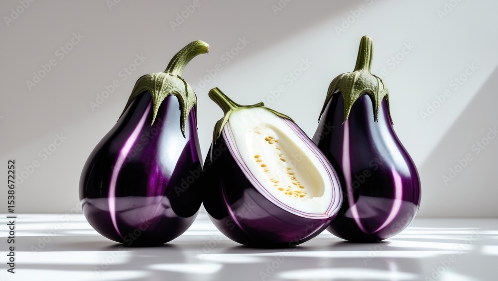 Poster eggplant or aubergine displayed half-isolated on a white background, featuring clipping path and ful