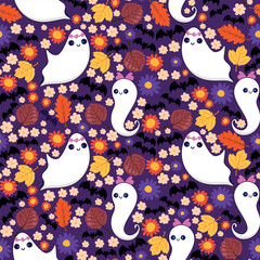 Cute Ghost Pattern with Autumn Leaves and Colorful Flowers. Adorable Halloween ghosts with bats, blossoms, and fall foliage on a purple background perfect for invitations, cards, posters, holidays