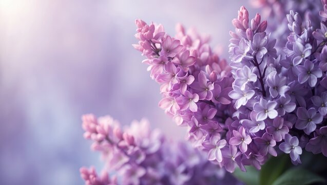 Beautiful wide-angle soft spring background featuring lilac flowers. Panoramic pastel floral pink and purple template for web banners. Greeting card with space for text.