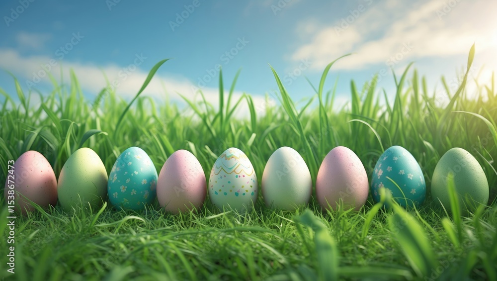 Poster easter eggs arranged in a row within a vibrant green grassy field.