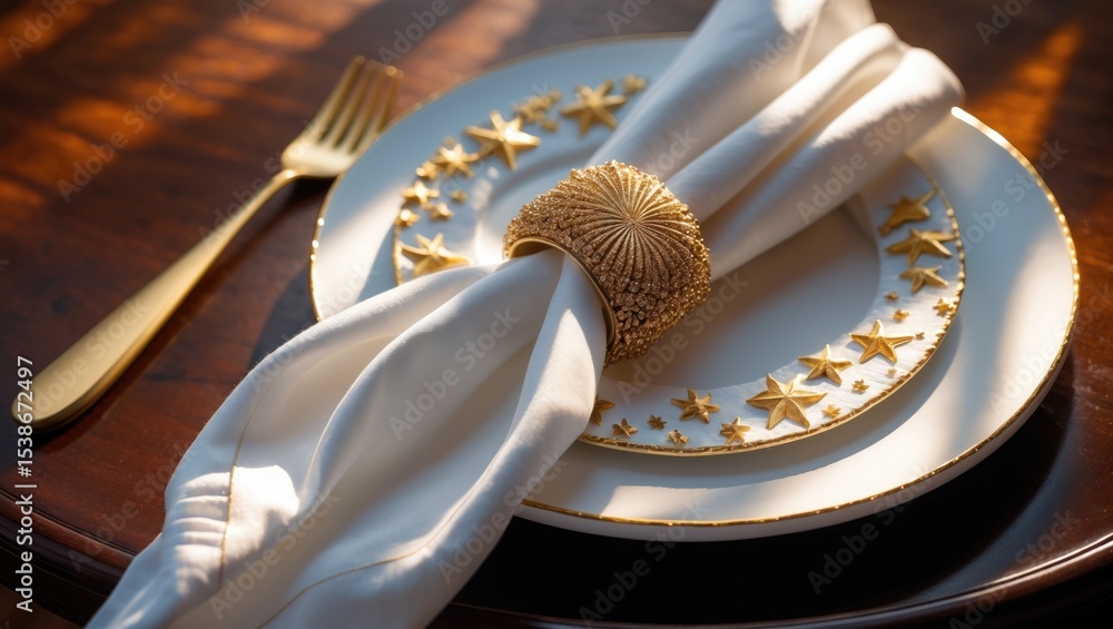 Poster Elegant table setting featuring a golden fork and napkin placed on a wooden table