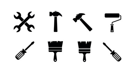 Collection of black silhouette tools for construction and repair design vector illustration