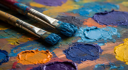 Obraz premium Artistic Paintbrushes and Vibrant Oil Colors Palette Close Up View