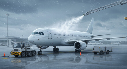 Obraz premium Airplane undergoing de-icing process on a snowy airport tarmac with ground support equipment
