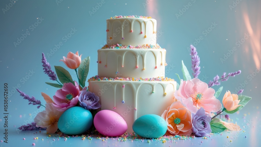 Aufkleber easter egg and cake on blue table background. happy easter scene for spring holiday. postcard with s