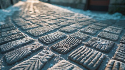 Naklejka premium A textured cobblestone street, coated with a thin layer of frost and sand, featuring detailed shoe prints that form an intriguing pattern, highlighting the contrast between the cold, frozen surface.