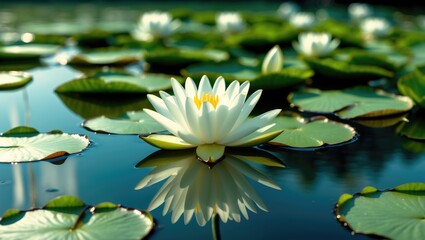 White water lily flower of lotus grows and blooms in river close-up. Nymphaea alba has long roots and broad floating green leaves. Blossom herbaceous aquatic plant of family Nymphaeum in lake.